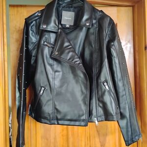 Leather Black Jacket with Studded Sleeves